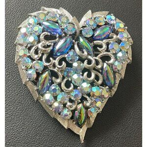 Vintage Coro Demi-Parure Brooch & Earrings Set Silver Tone W/ Blue & AB Stones H